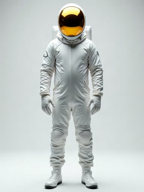 a rider in a glossy white astronaut-style suit and a helmet with a mirrored gold visor