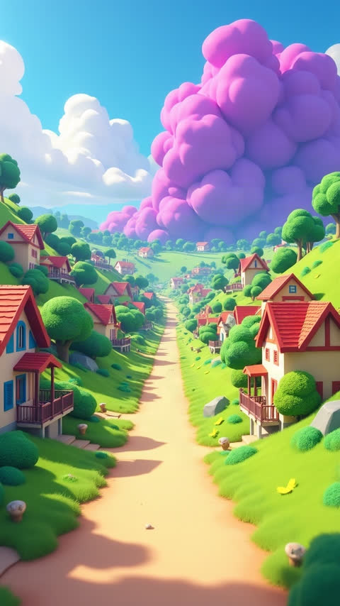 a bright cartoon video game island with stylised houses, green hills and a purple storm on the horizon
