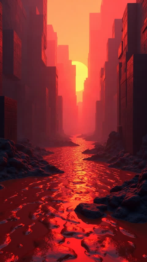 an underground world built from dark red cubes with lava falls and glowing orange light, like a voxel video game