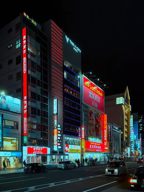 a city street at night lit by red and blue neon signs