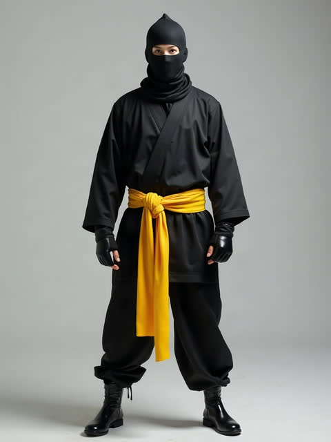 a rider in a black ninja outfit with a yellow sash and a covered face
