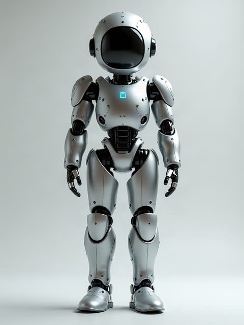 a humanoid robot rider with brushed metal armour and a black glass face plate